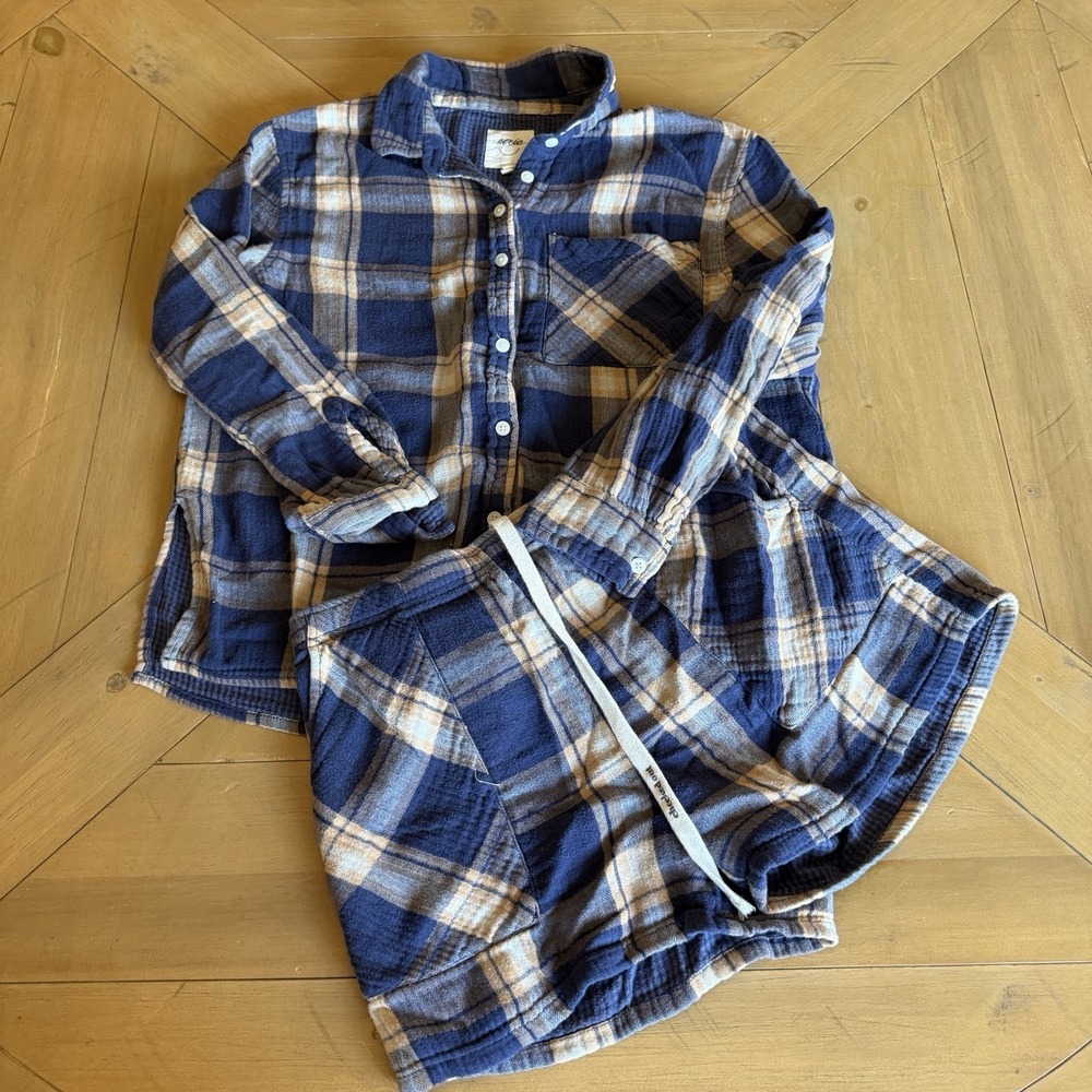 Aerie Plaid Flannel Set Small Women's Blue Tan Button Front Shirt & Shorts